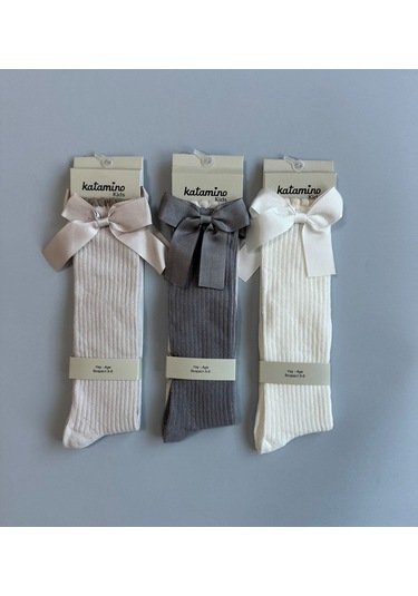 Kurdelalı Dizaltı 3'lü Kız Çocuk Çorap Seti Gri