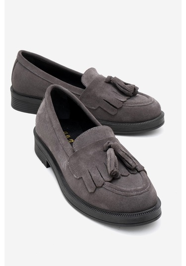Milina Füme Süet Püsküllü Hakiki Deri Kadın Loafer Ayakkabı Füme