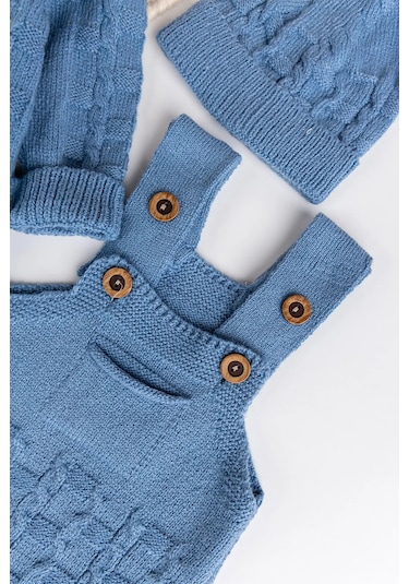 Triko Hırkalı 3'lü Ayarlanabilir Askılı Örgü Erkek Bebek Salopet Tulum Takım Set mavi