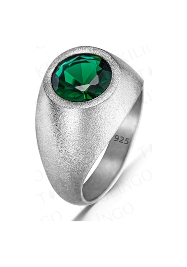 925 Ayar Gümüş Yuvarlak Yeşil Zirkon Taşlı Sade Erkek Yüzük Gümüş