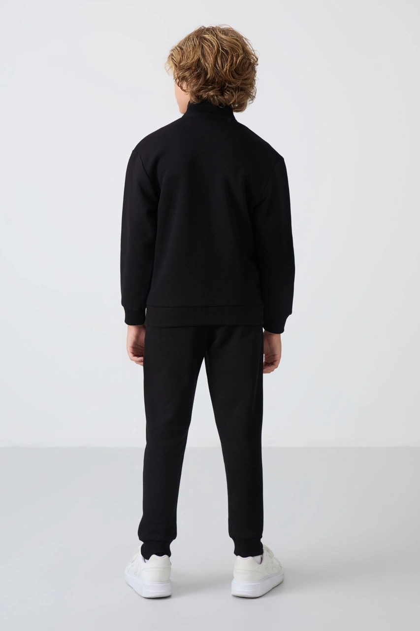 Siyah Pamuklu Kalın İçi Tüylü Yumuşak Dokulu Standart Fit Nakışlı Erkek Çocuk Eşofman Takım - 11256 Siyah