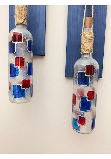 Led Işıklı Koyu Mavi Renkli Vitray Cam Salon Bar Bahçe Dekoru Şar Çok Renkli