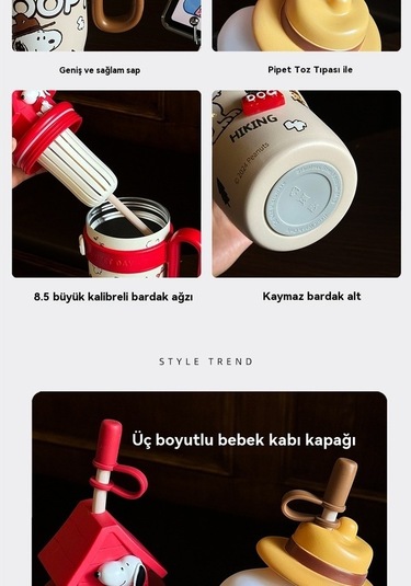 Pazly Snoopy Taşını Büyük Kapasiteli 800ml Termos Hasır Fincan Kırmızı Kırmızı