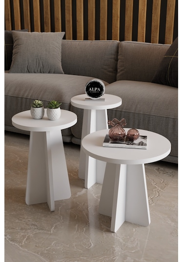 Alpa Ev Mobilya 3 Lü Mantar Zigon Sehpa Seti Modern Yuvarlak Tasarım, Dekoratif İskandinav Stil Beyaz