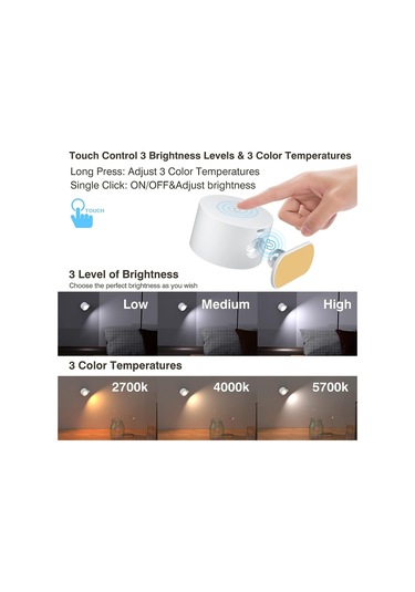 Moveevo Usb Şarjlı Led Duvar Lambası, Dokunmatik Ve Uzaktan Kumanda İle 3 Renk 3 Parlaklık, Manyetik Taşınabilir Gece Lambası Beyaz