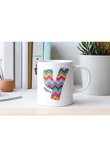 Y Harfi Renkli Zigzag Desenli Kupa Bardak - Afrika Tarz Etnik Tasarım Kupa - Kişiye Özel Beyaz