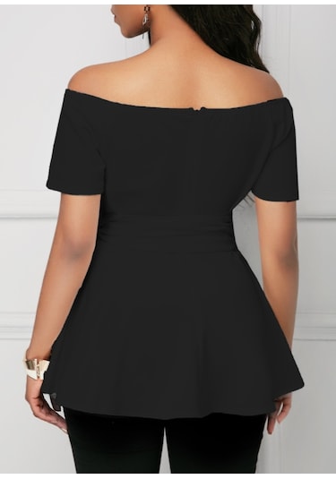 Kadın Kısa Kollu Madonna Yaka Yandan Bağlamalı Ithal Krep Bluz Antrasit Melanj