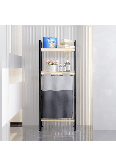 Bino Ahşap Raflı 2 Katlı Büyük Boy Kapaklı Çamaşır Kirli Sepeti Çok Amaçlı Banyo Düzenleyici Siyah