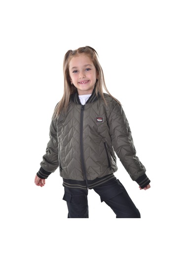 Kız Çocuk Haki Kolej Yaka İçi Astarlı Su Ve Rüzgar Geçirmez Fermuarlı Cep Mont Ceket Haki