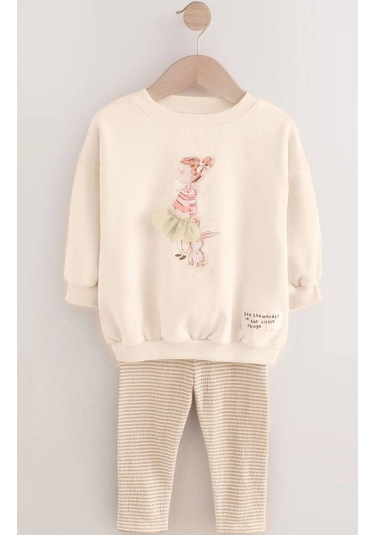 Kız Çocuk Balerin 3d Tütü Aplike Detaylı Sweatshirt Çizgili Tayt Alt Üst Takım KREM