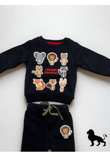 Erkek Bebek Hayvan Desenli Şardonlu Eşofman Takımı-14638 Lacivert