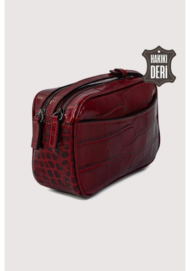 Hakiki Deri Kadın Çapraz Omuz Çantası Kırmızı Kroko Smr8975 Kırmızı Kroko