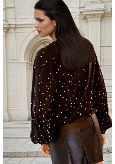 Siyah Kruvaze Yaka, Puantiyeli, Bağlama Detaylı Bluz Siyah