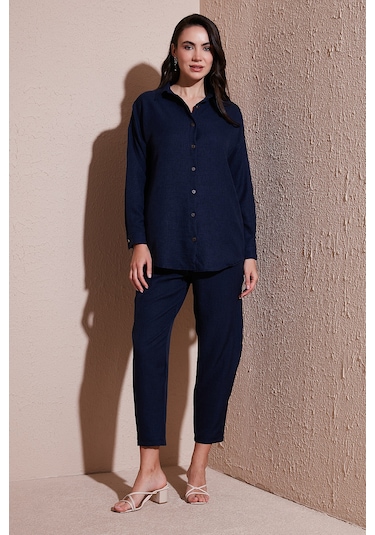 Lela Keten Karışımlı Regular Fit Lastikli Bel Uzun Kollu Alt Üst Bayan Takım 6696622 Lacivert