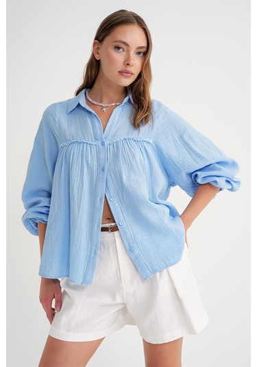 4677 Kadın Dantel Detaylı Müslin Gömlek Bebe Mavi Bebe Mavi