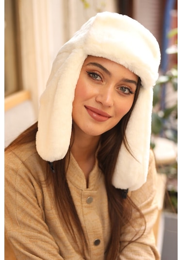 Çıtçıtlı Kürklü Kulaklıklı Peluş Bere Şapka Rkş-03 Ekru Ekru