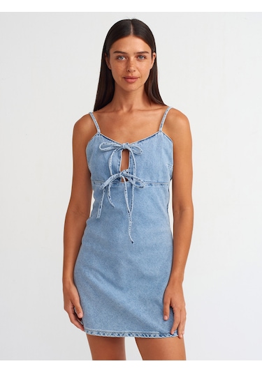 Dilvin Askılı Verev Kesim Denim Elbise Mavi