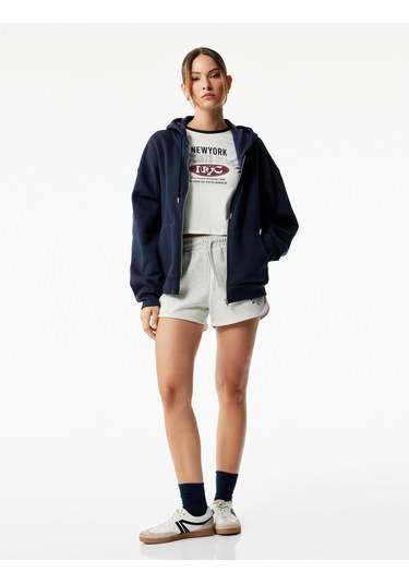 Koton Fermuarlı Kapüşonlu Kanguru Cepli Uzun Kollu Şardonlu Oversize Spor Sweatshirt Lacivert 6wak10151nk Lacivert