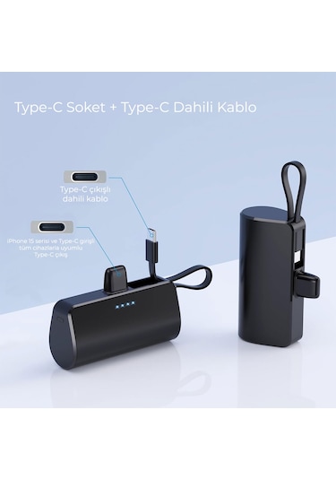 Woyax By Deji 5000 mAh Dahili Kablolu Type-c Soketli Mini Powerbank