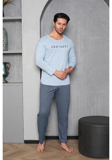 Yuvarlak Yaka %100 Pamuk Regular Kalıp Erkek Pijama Takımı 983 Açık Mavi