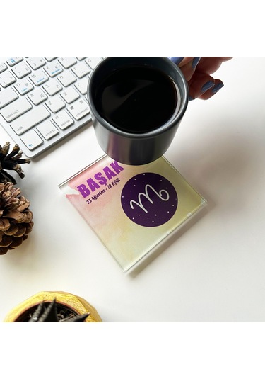 Cam Bardak Altlığı Burçlar - Başak Burcu 4'lü Takım 10cm X Beyaz