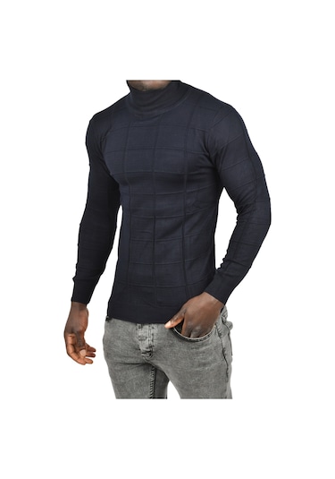 Deepsea Erkek Lacivert Kare Desenli Balıkçı Yaka Slim Fit Boğazlı Triko Kazak 2505493 Lacivert