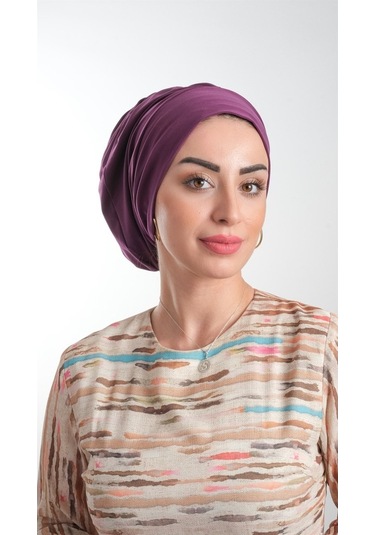 Mürdüm Pratik Hazır Geçmeli Tesettür Bone Sandy Kumaş Büzgülü 211 Mürdüm