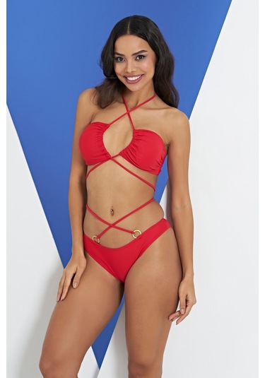 Ruko Maio 2315-1 Kırmızı Çapraz İp Modelli Boyundan Bağlamalı Bikini 001