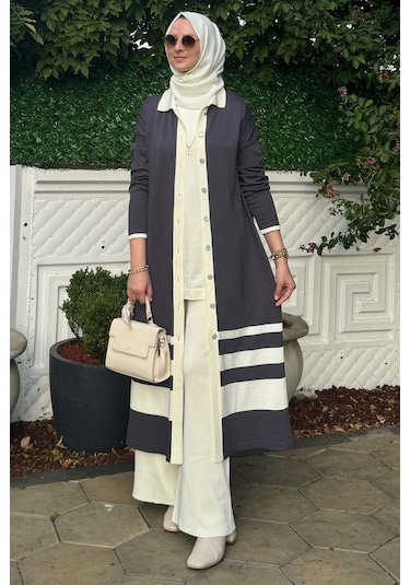 İmge Çizgili Triko Hırka Antrasit Çok Renkli