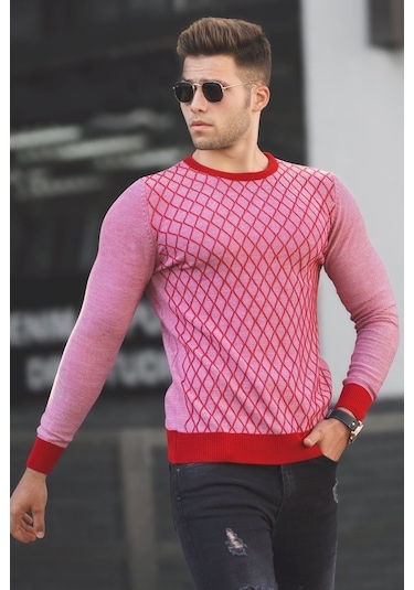 Madmext Kırmızı Baklava Desenli Kazak 5190 Kırmızı