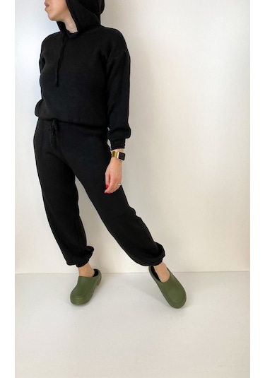 Modaonna Kadın Siyah Triko Bluz Jogger Pantolon Takım Siyah