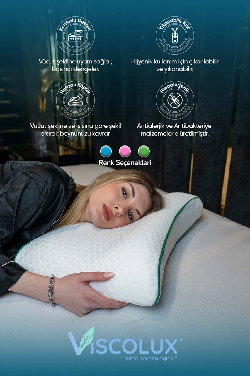 Bombeli Lüx Boyun Destekli Ortopedik Yastık Anti-aging Visco Yastık 57x42x13/11 Yeşil
