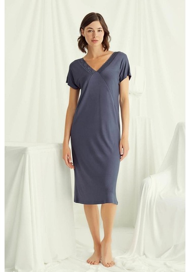 Monamise 18503 Kadın V Yaka Kısa Kollu Gecelik-lacivert Lacivert