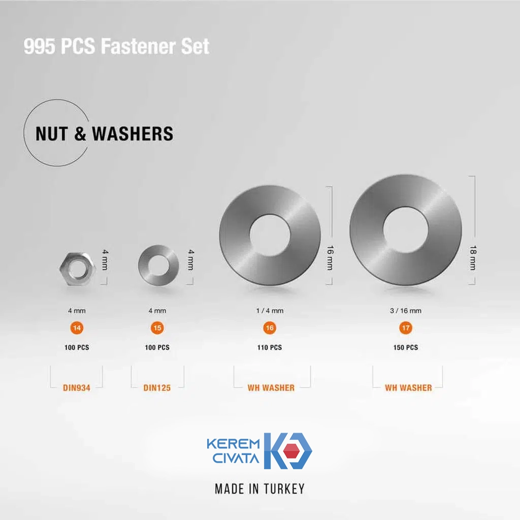 Kerem 995 Parça 24 Çeşit Vida, Dübel, Somun Ve Pul Seti 25CM