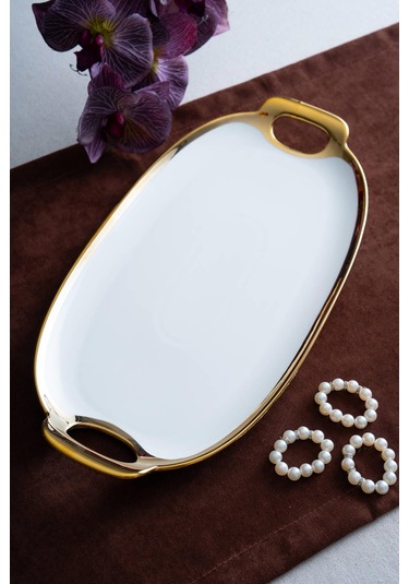 Acar Arven Oval Gold Sunum Tepsisi - 41 Cm Beyaz