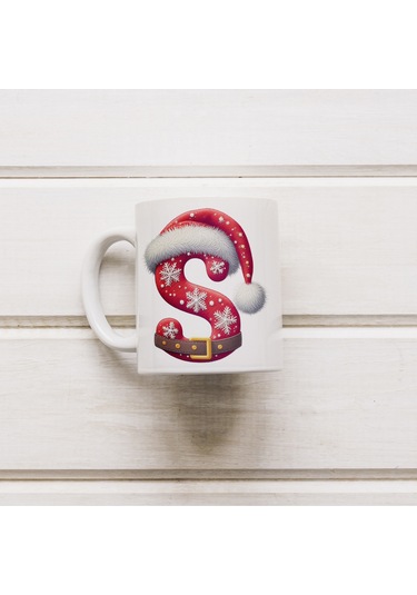 S Harfi Yılbaşı Temalı Bardak 330 Ml Harfli Kişiye Özel Hediye - Yeniyıl / Noel Şapka Tasarım Beyaz