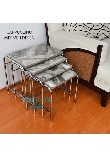 Renk Renk Mermer Desenli Parlak Mikelaj Ayaklı 4'Lü Zigon Sehpa (467864165)