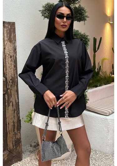 Önü Şerit Taşlı Gömlek 3448 Si Yah