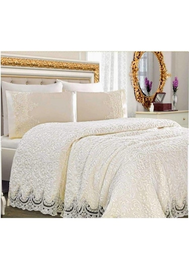 Kelebek Krem Çift Kişilik Fransız Güpürlü Battaniye Seti, Yatak Örtüsü Seti