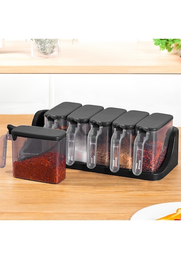 Porsima 1183 Standlı Kaşıklı Kapaklı Baharatlık Seti 6 'lı Siyah