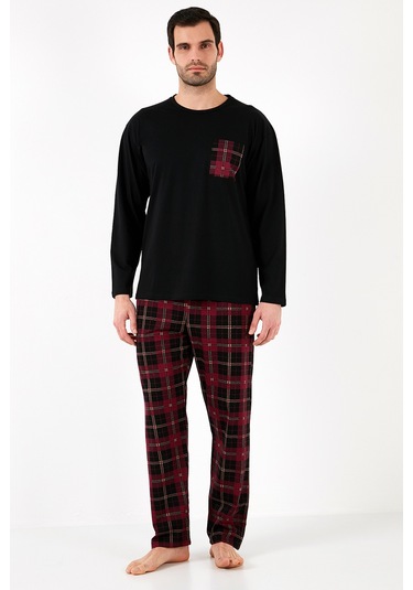 Buratti Ekoseli Cepli Beli Lastikli % 100 Pamuk Regular Fit Erkek Pijama Takımı 6572001 Siyah-Bordo