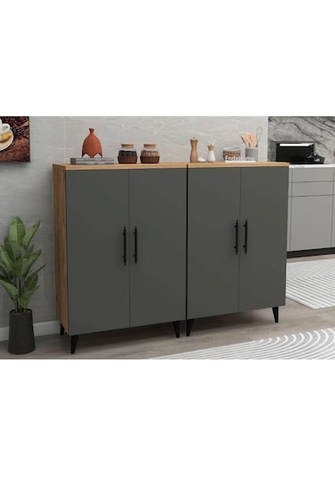 Reyo Home Enda Raflı 4 Kapaklı Çok Amaçlı Dolap Çam- Antrasit