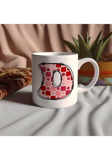 D Harfi Pembe Kareli Kalpli Göz Emojili Kupa Bardak Eğlenceli Kareli Tasarım Kahve Çay Kupası 07 Beyaz