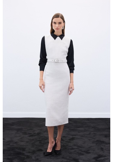 Kemerli Tüvit Elbise - Taş-136576 Taş