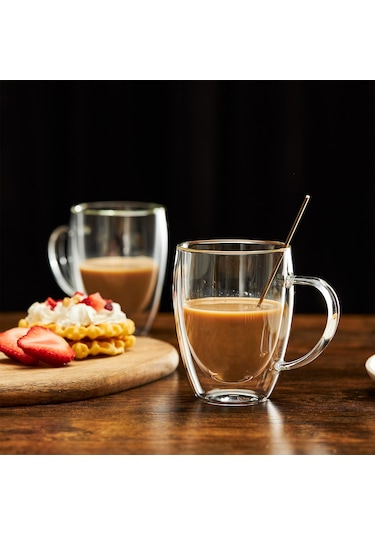 Kosona 350ml Yüksek Borosilikat Cam Kahve Fincanı - Isı Dayanıklı, Çift Katlı, Tutamaklı, Çamaşır Makinesine Uygun Diğer
