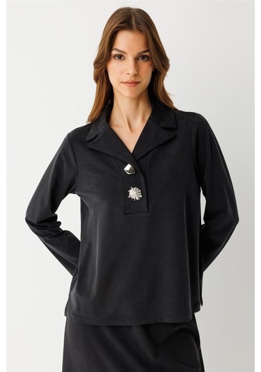 İri Düğmeli Etekli Takım Siyah Siyah