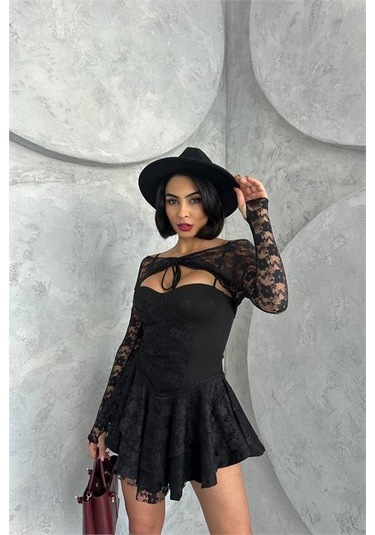 Dip Moda Kadın Bolero Detaylı Güpür Prenses Elbise Dpnbdf107 Siyah