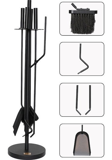 5 Li Lüx Ithal Siyah Yuvarlak Tabanlı Şömine - Soba Maşa Takımı Aksesuar Seti