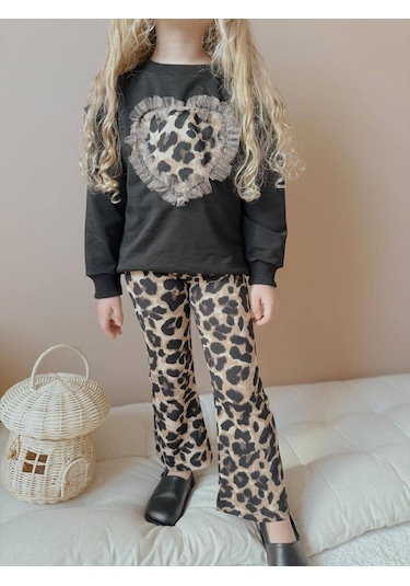 Kız Çocuk Kalp Modelli Tül Detaylı Leopar İspanyol Paça Taytlı Takım Siyah