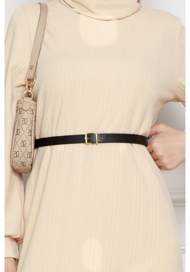 Balıkçı Yaka Kemerli Elbise-bej-4555 Bej